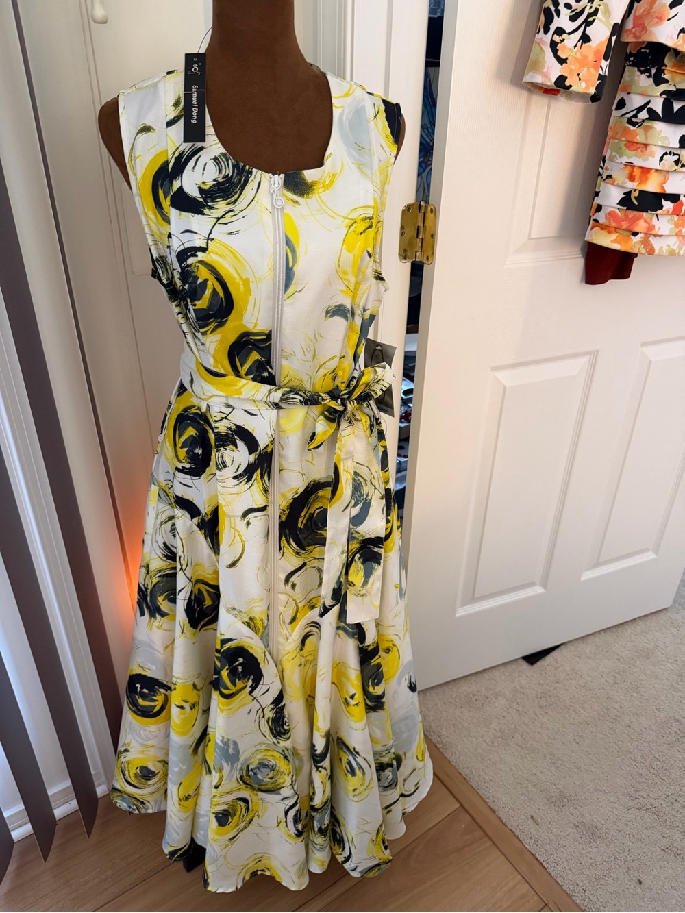 Samuel Dong White Yellow and Black Floral Swirl Maxi Dress